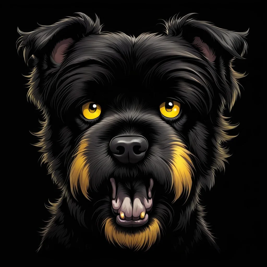 head of an angry scruffy black terrier on black background, yellow eyes, defined teeth, turned to the side, horror fantasy line illustration