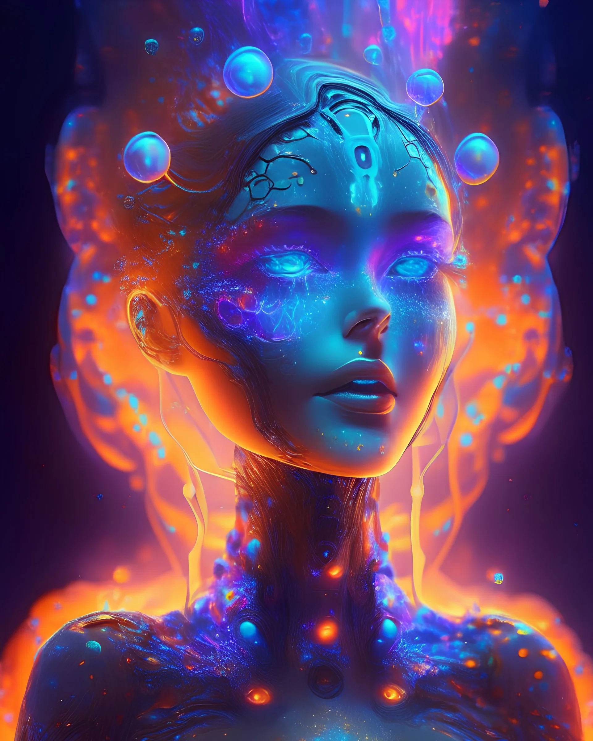 beautiful gorgeous modern art electronic artificial fembot in harmony with the bioluminescent bubbly lava digital world , glowing eyes, beautiful magical mystical colorful amazing surrealism