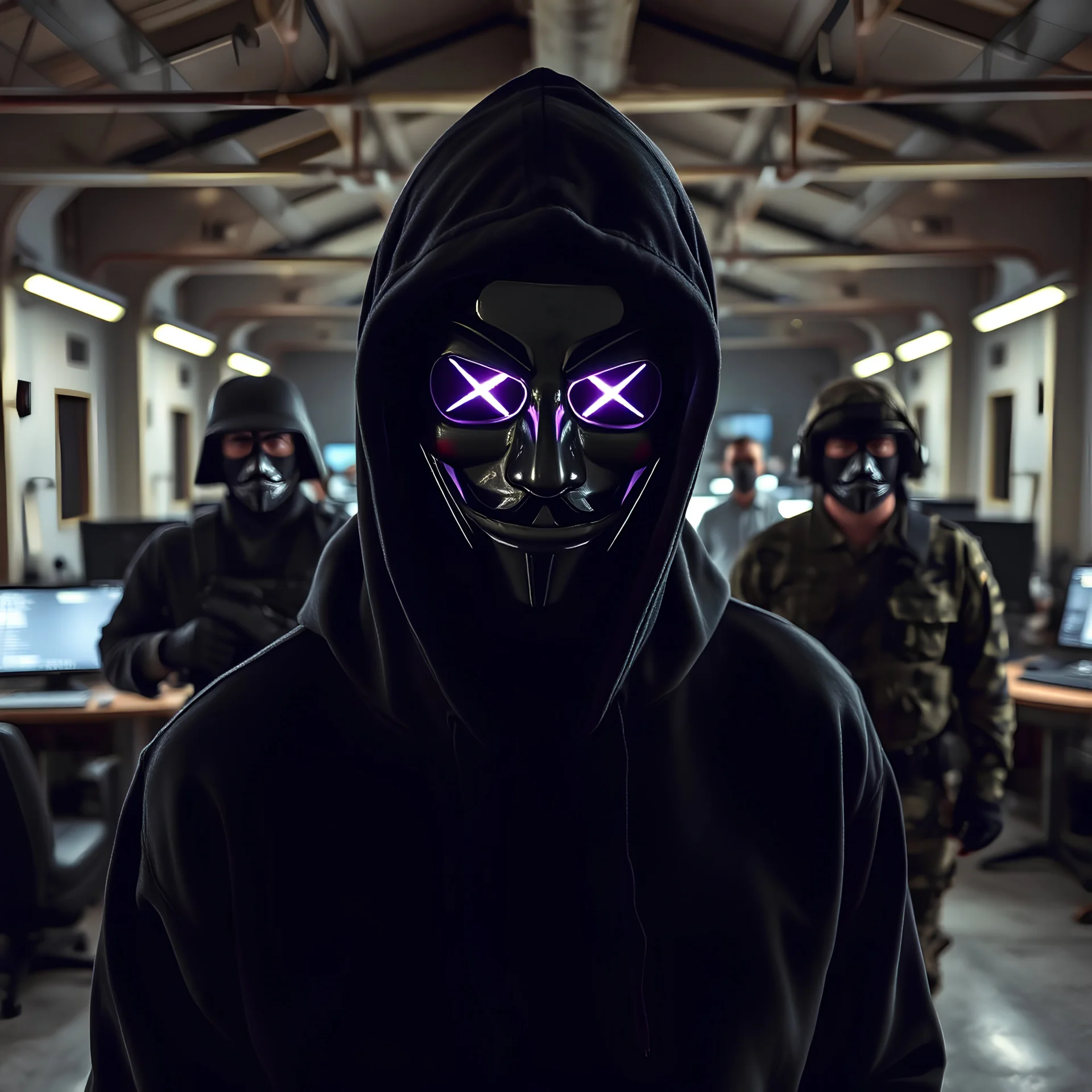 Anonymous man with glowing eyes wearing black hoodie in a photo in abandoned military station with a group of special forces in the background with other anonymous man in front of computers in background with bold military style pattern clothing captured in the middle of photo at night in a wide range photo