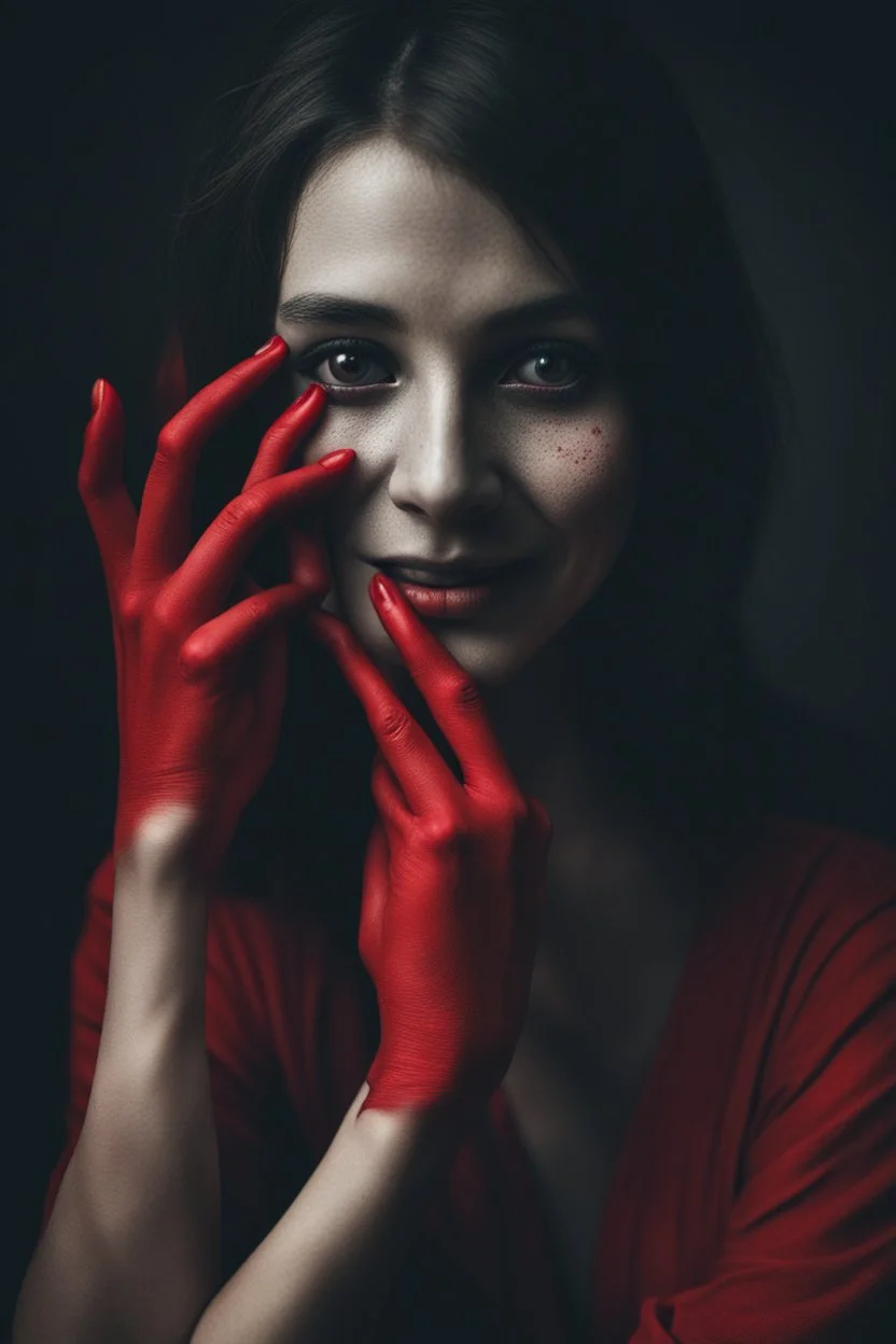 A photograph of a red hand with black eyes, covering part or all of her face and body while she smiles in an eerie way. The background is dark and the woman's expression adds to its mysterious allure. Her presence creates an atmosphere filled with unease and curiosity. --ar 29:44 --v 6. 0