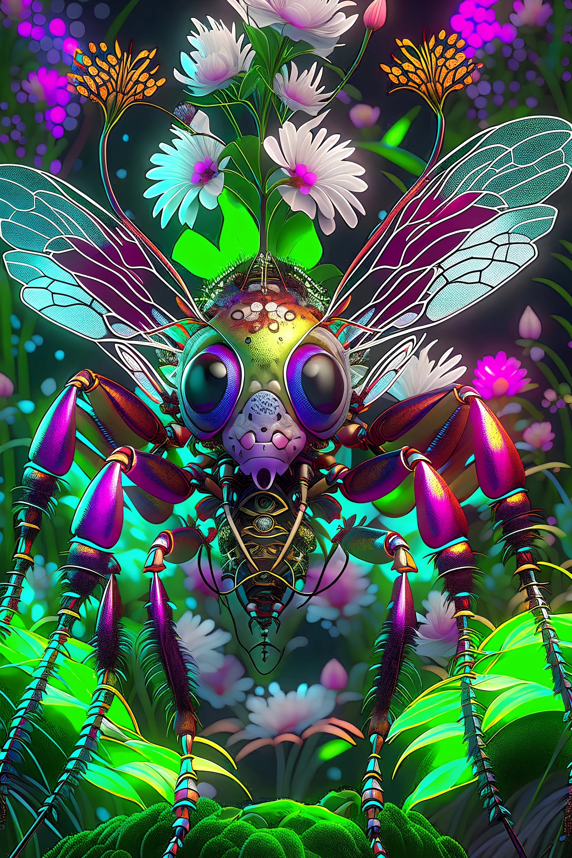 Expressively detailed and intricate 3d rendering of a hyperrealistic : ancient flying insect, avatar movie forest, surounded by flowers and plants, front view, symetric, artstation: award-winning: professional portrait: fantastical: clarity: 16k: ultra quality: striking: brilliance: amazing depth: masterfully crafted.