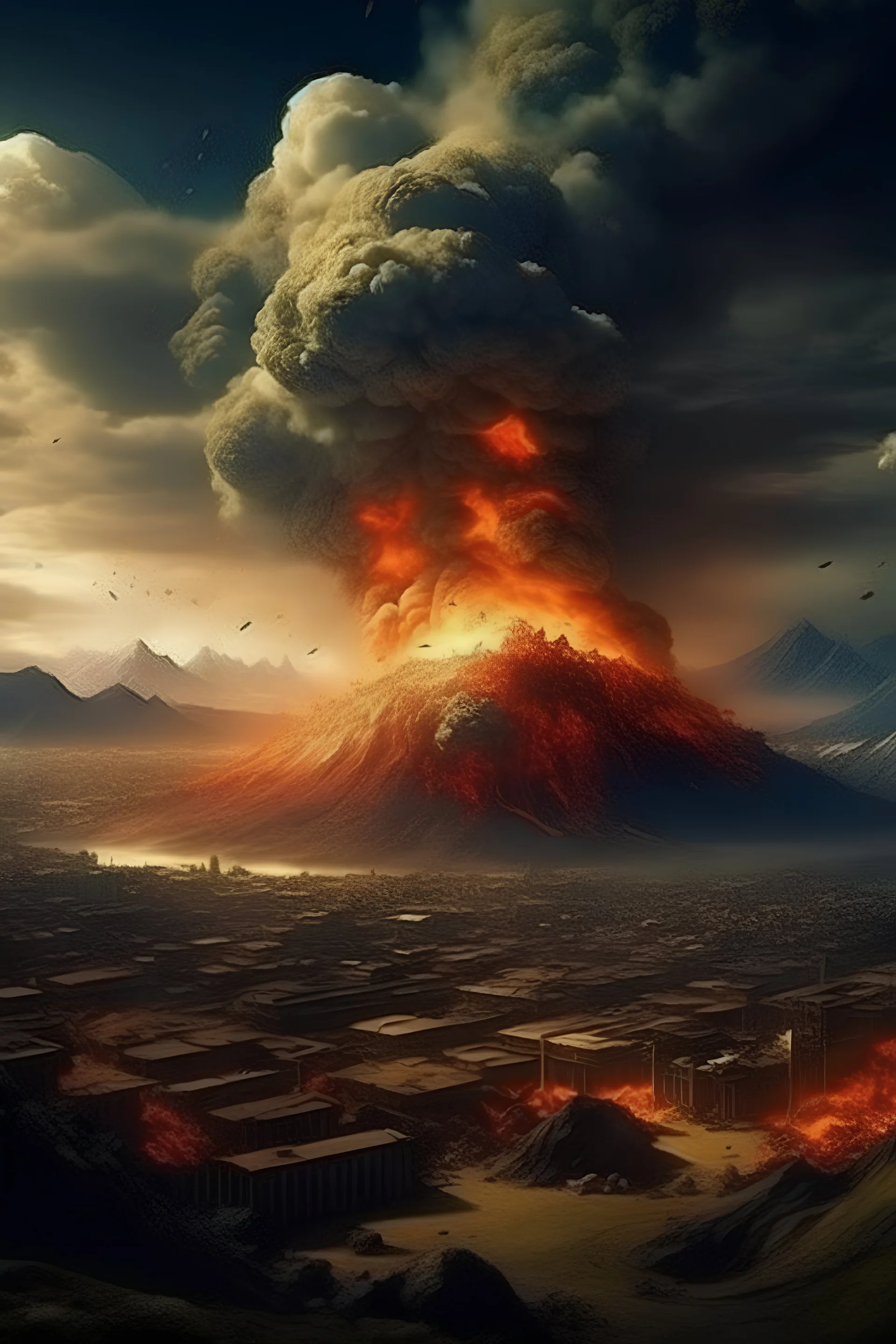 Volcano Destroy and burning a big city with a multiples big nuclear explosions and humans watching this