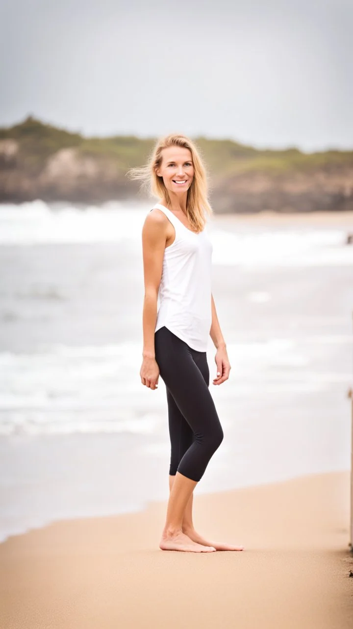 anorexic beautiful woman, age 30, total shot, black capri leggins, wide white t-shirt, blonde surfer hair, blurred beach background