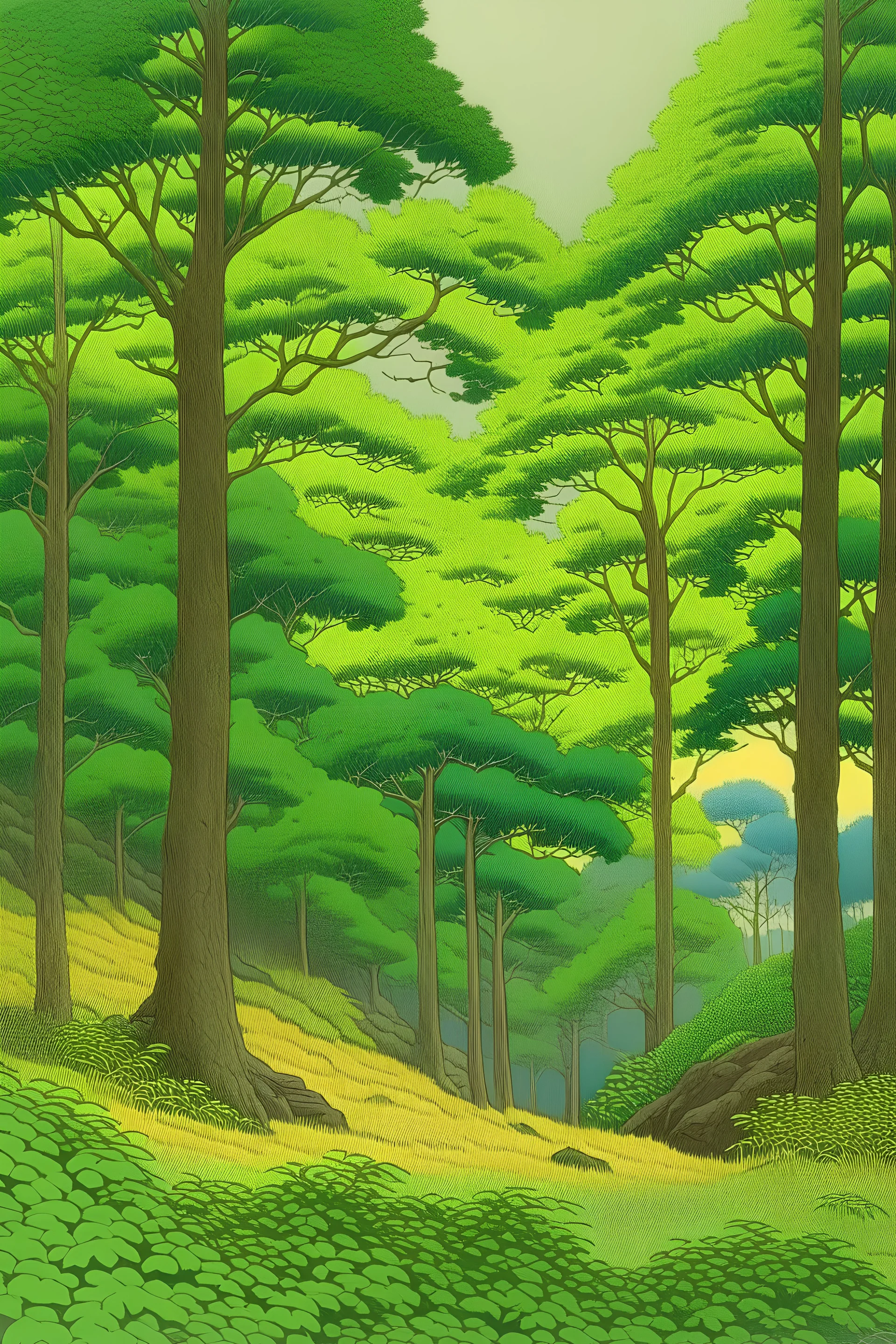 Appalachian forest in style of Kawase Hasui , oaks, foliage, non-repetitive, somewhat minimal