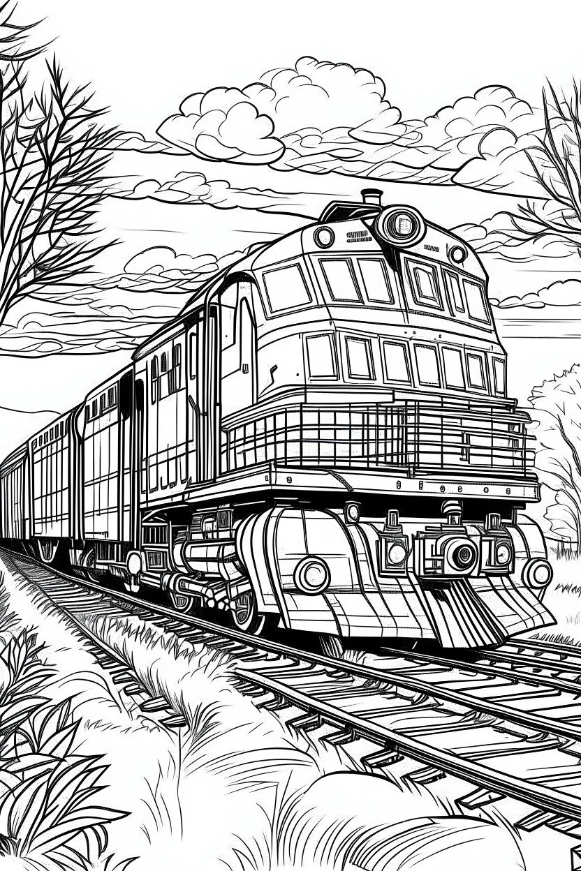 Outline art, no shading, full train, cartoon style, black and white, low detail, --ar 9:11