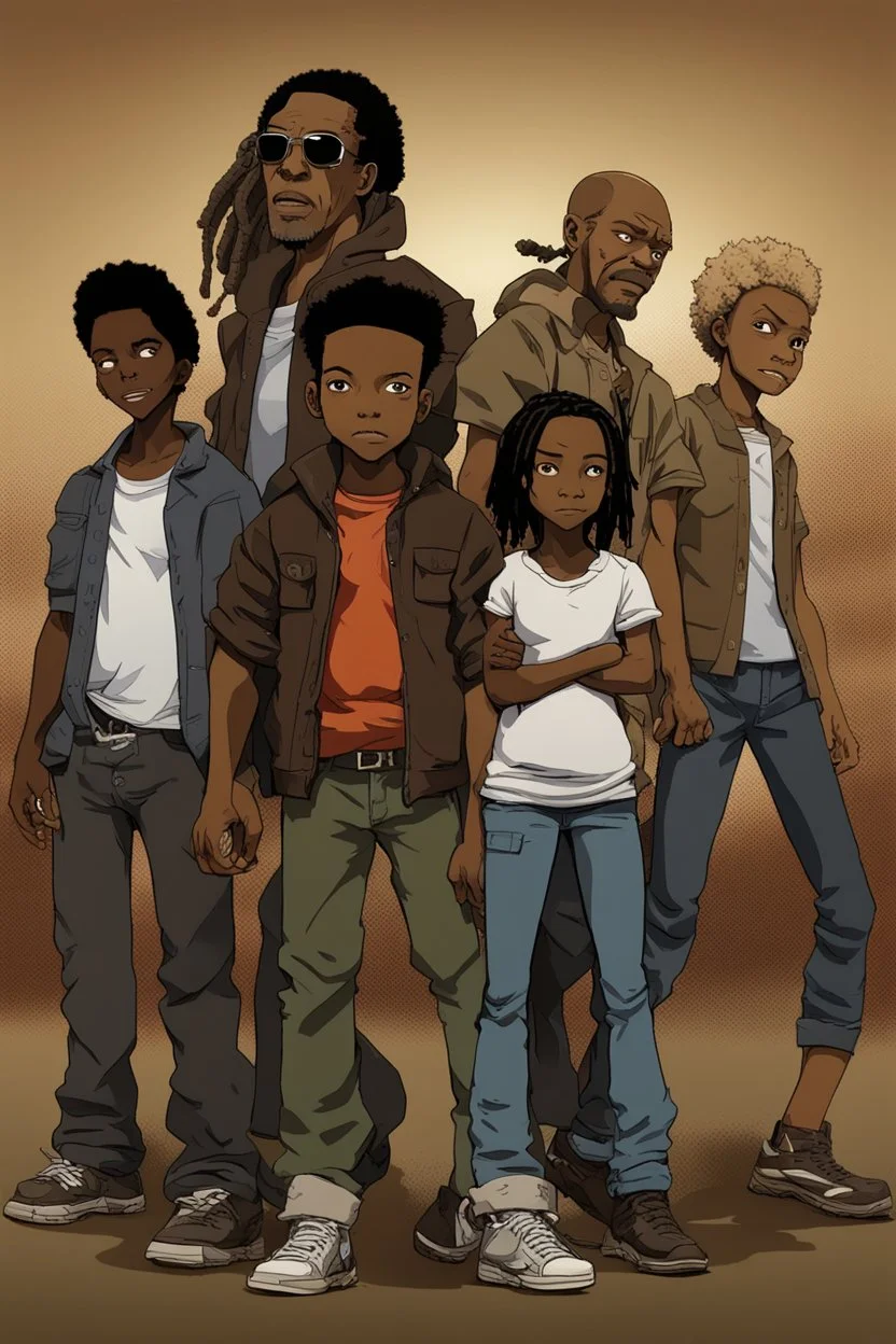 Give me the art-style of the boondocks with a poster of the main cast from TWD Series.