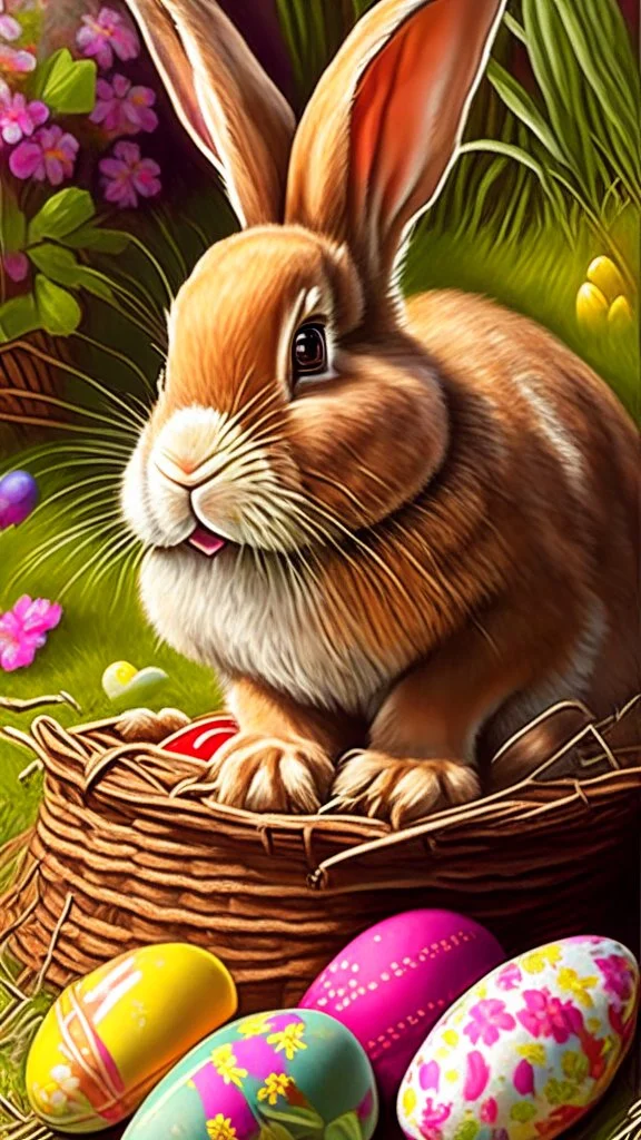 Easter bunny adventure, art, drawing, very realistic, detailed, vibrant colors.