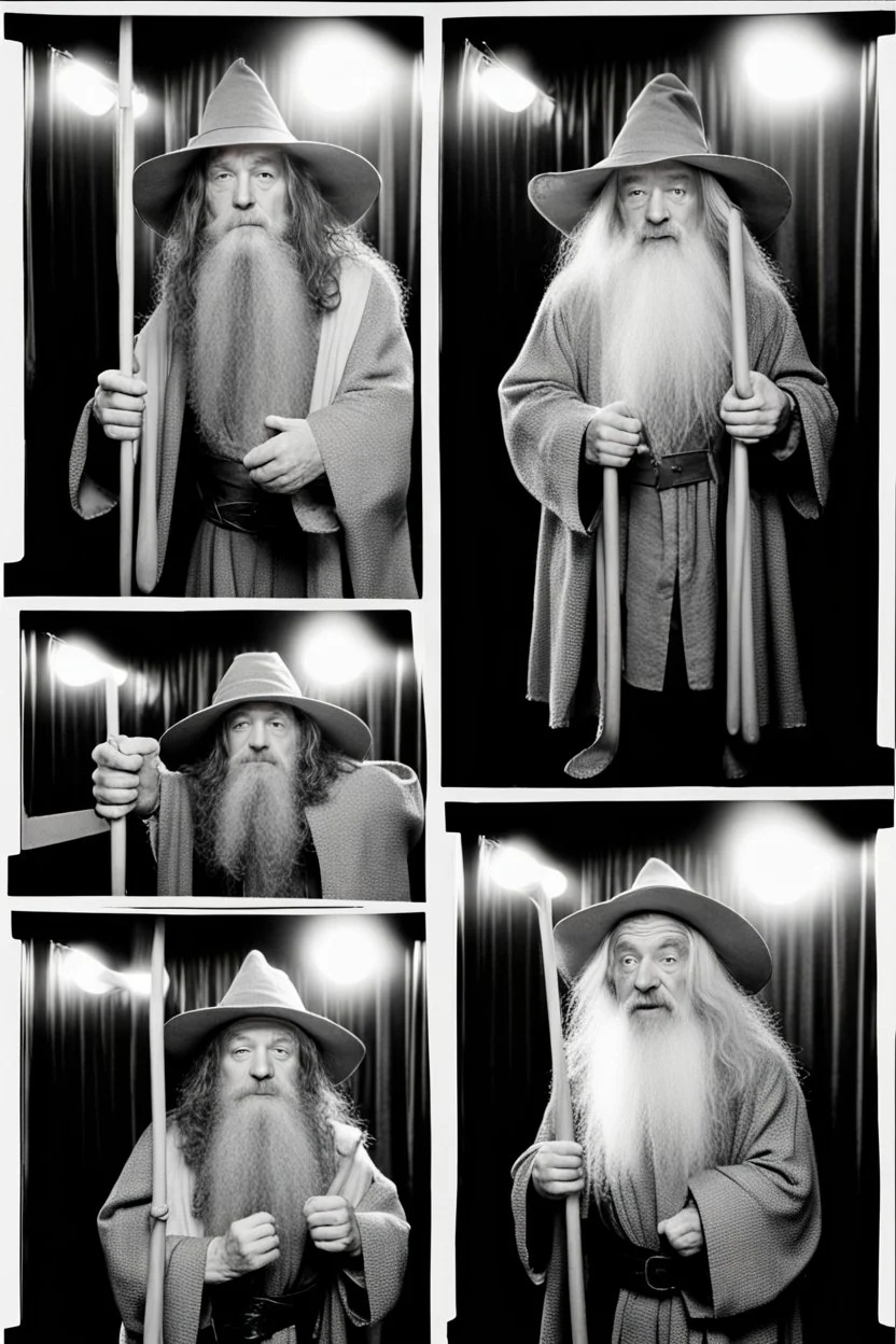 Gandalf and Frodo taking series of BW photos inside photo booth.