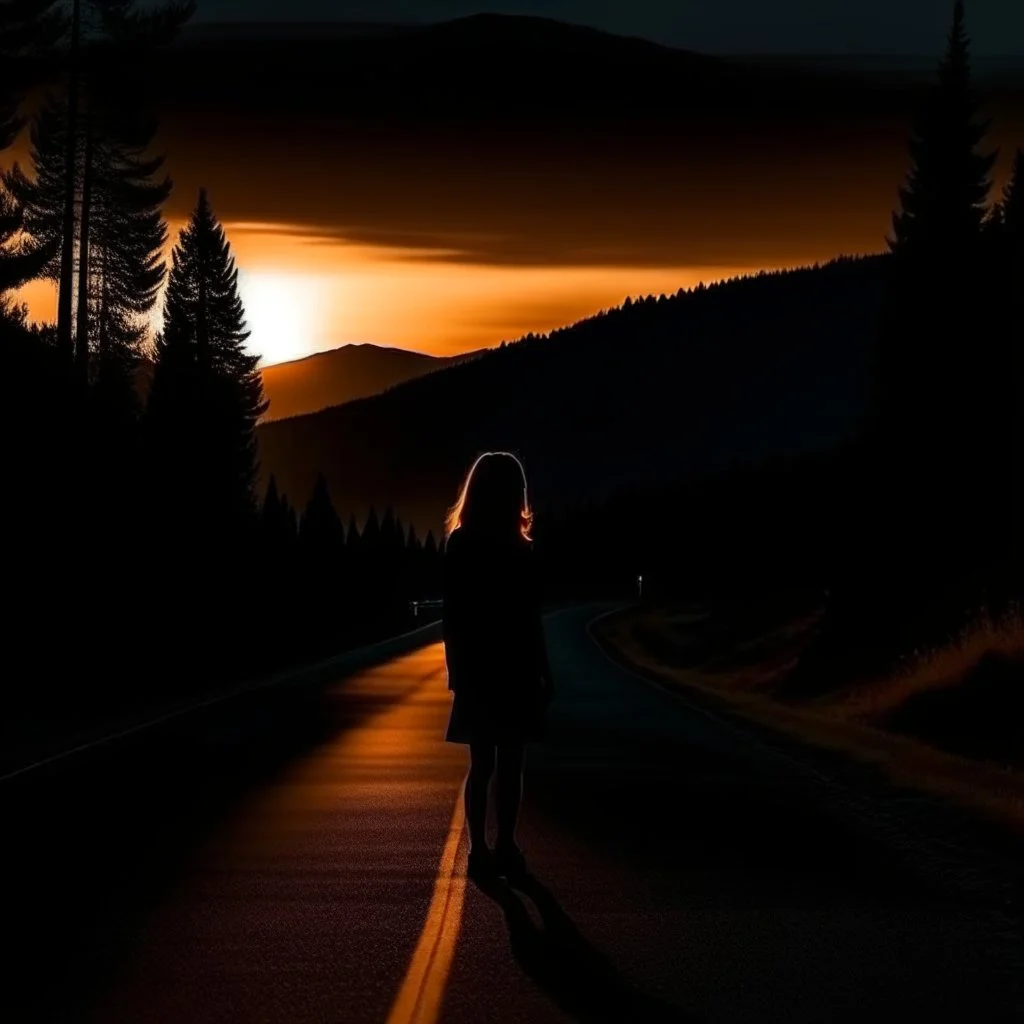 dark night, a woman silhouette on the side of the road,, mountains and forests next to the road, a beautiful orange sunrise in the distance, photo quality