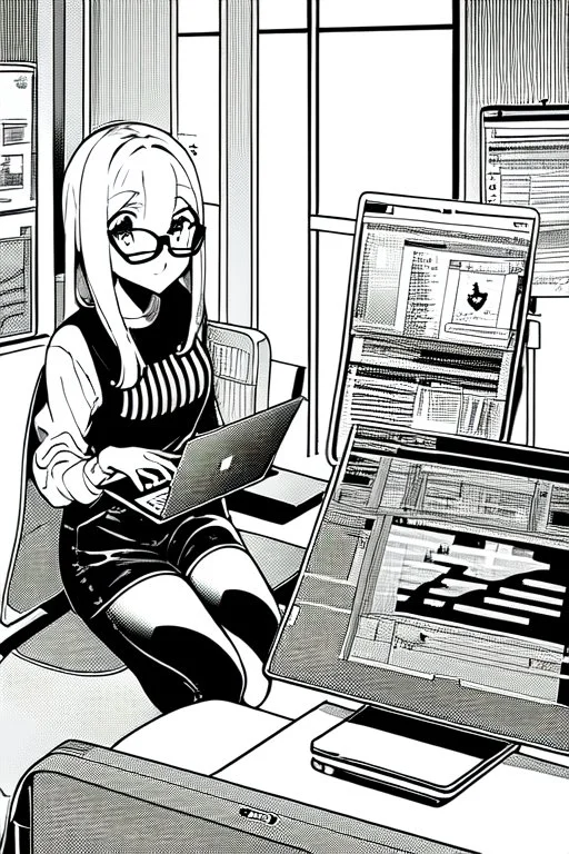 hacker girl with glasses use a laptop sitting in a cafe, line arts, greyscale