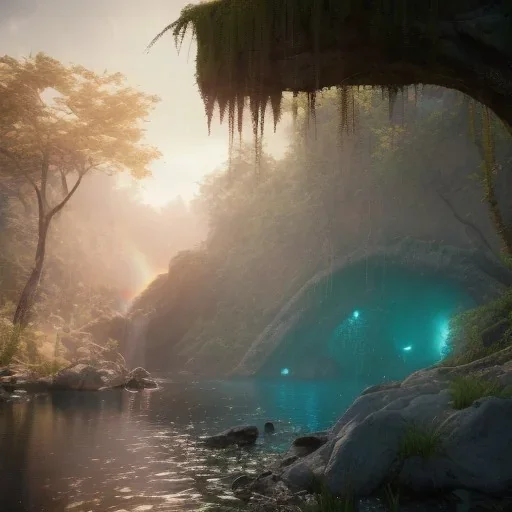 Artemis Tapınağı fantasy art, island waterfall palms twigs spring sunset rainbow bridge birds, lighting, cinematic, extremly, mist, unreal engine 5, cinematic lighting, beautiful, photorealistic, abstract