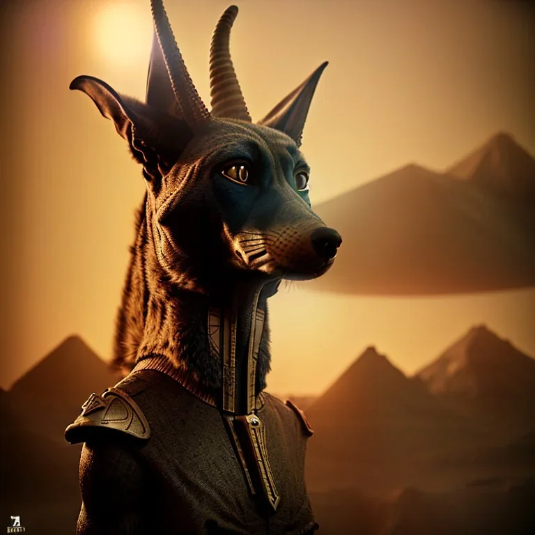 A portrait post-apocalypse of Jackal Egyptian God Anubis ,in the third temple, sci-fi fantasy style, volumetric lighting, particales,highly detailed,cinamatic,8k,3D,fire and black deep colours,ignore nswf