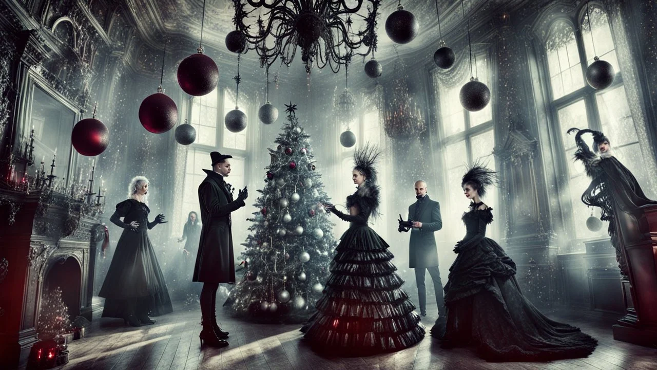 stunning weird goth christmas holiday in vintage goth room 1 xmas tree with black and silver balls decoration, beauty unique victorian goth style clothes women and men talking and dancing each other in tall victorian castle room, ghosts, demons, dark colors, high detalied, sharp focus, high texture, dark fantasy style , surreal vibe