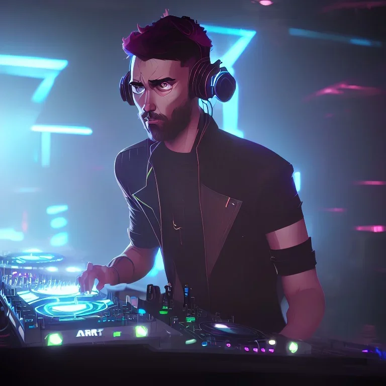 DJ cyborg at work in a nightclub, particles, short bearded 40 years old focused Christian Boshell with headphones. sin city style, photo-realism art, moody atmosphere, similar to a michelangelo art direction, close-up face