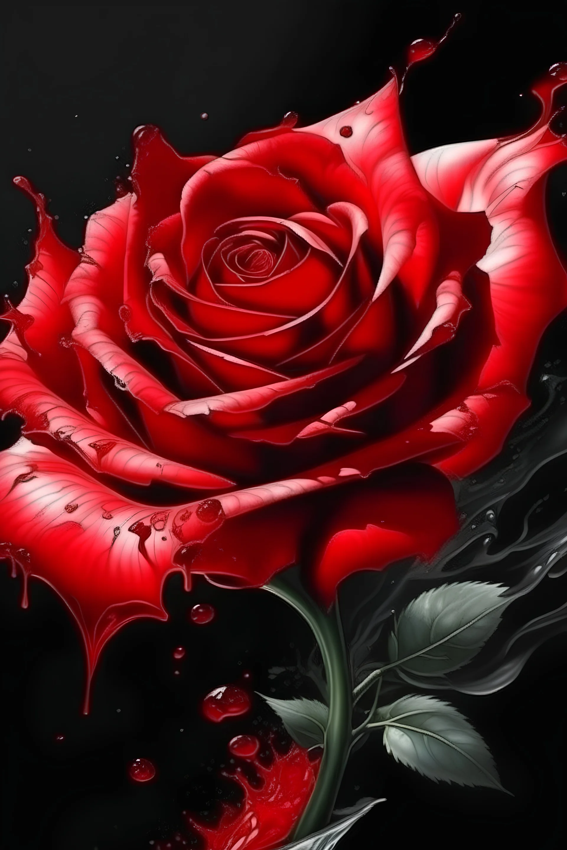 watercolor an exciting illustration of a red rose with petals, completely made with transparent red paint flowing down a dark glossy surface, a light spot on the rose, a dark empty background, liquid splashes, complex details, photorealistic