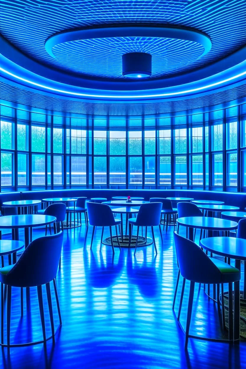 A restaurant whose outer walls are oval in shape, the color of the inside is blue, and its floor is light, with a bar table in the middle of the restaurant in the shape of an oval, containing 30 chairs, and the walls are made of tinted glass