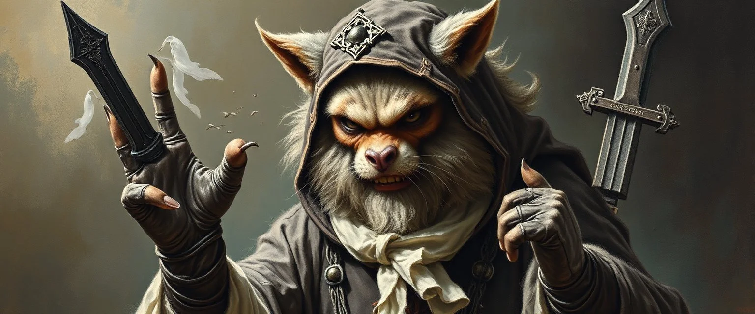master oil painting with some air brush, fluffy human thief hyena merchant sailor priest realistic and creepy, with gauntlets , straight from the lich lab, in the style of Escher and Titian