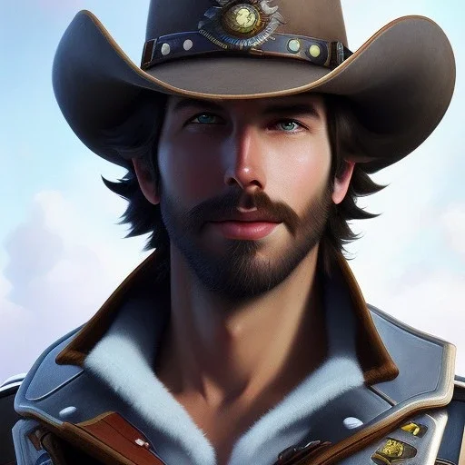 Ultra detailed fullbody Portrait in oil on canvas of overwatch cow boy character- Jesse McCree ,extremely detailed digital painting,intense stare, extremely detailed face, crystal clear eyes, mystical colors ,perfectly centered image, perfect composition, rim light, beautiful lighting,masterpiece ,8k, stunning scene, raytracing, anatomically correct, in the style of Steve Jung and robert e howard and Wizyakuza and Ohrai Noriyoshi and Simon Bisley and uncannyknack and kilory.