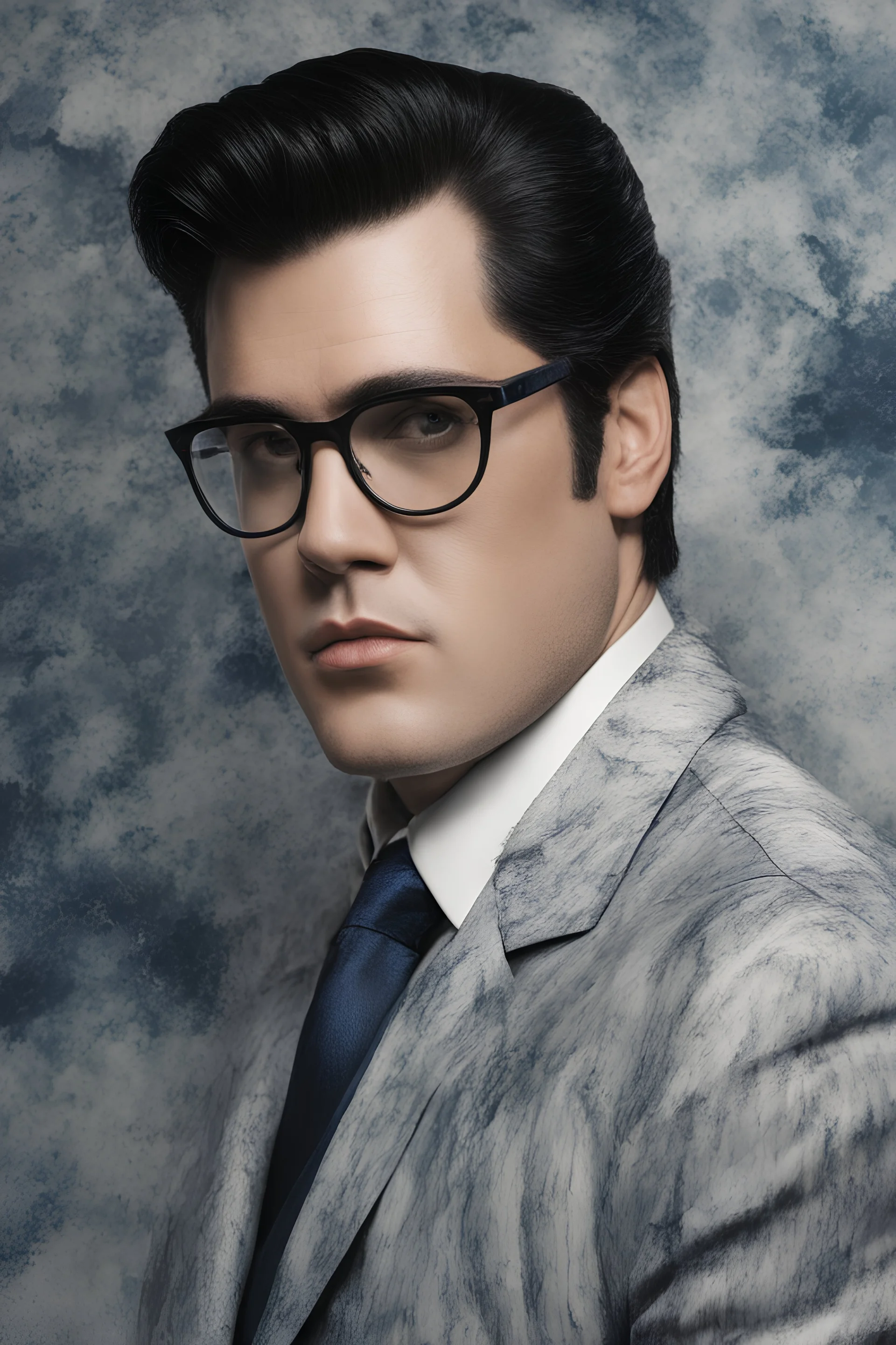 Elvis Presley as Clark Kent, 4k UHD, photorealistic, ((big, full, plump, pouty lips:1.5)) black hair, big cat-eye eyeglasses, dark blue foggy gradated marble wall background, extremely detailed skin texture,