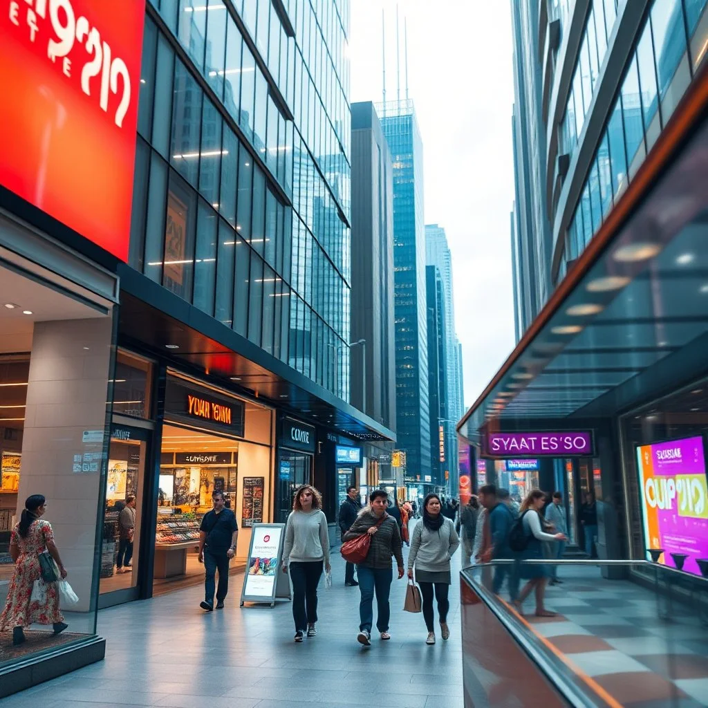 create a prompt for "imagination of 2080 year modern city shopping center with some people at closeup and city escape at background"