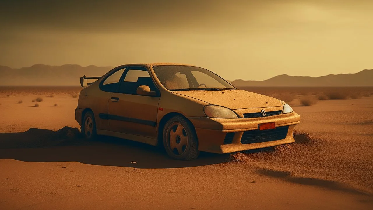 Capture a stunning and realistic photograph featuring a 1998 Honda Civic in a post-apocalyptic desert setting enveloped by a sandstorm. Employ a post-apocalyptic photography style to authentically depict the rugged and desolate atmosphere. Ensure the scene vividly evokes the essence of a transformed world, with the weathered Honda Civic standing resilient amid the harsh conditions of the desert and swirling sandstorm.