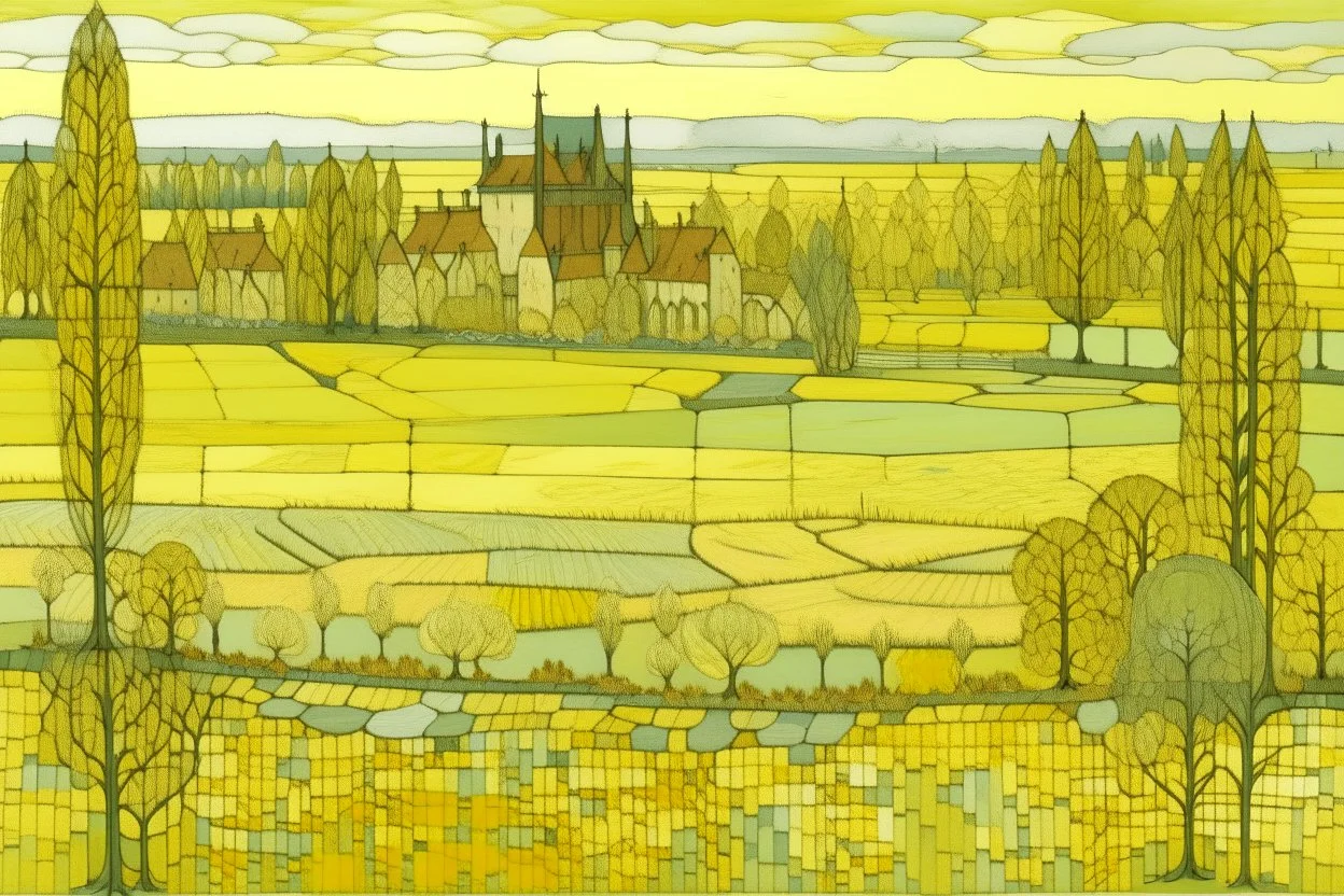A pale greenish yellow kingdom near a farmland designed in medieval tapestry painted by Piet Mondrian