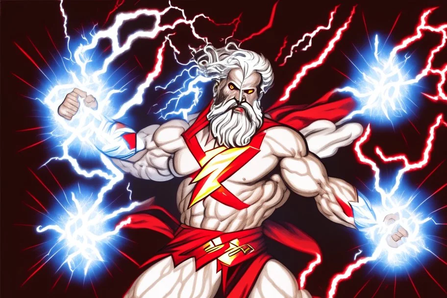 A detailed illustration of Zeus holding two lightnings in front of himself. Portret. He is moving the lightnings to gether to form a Z. One lightning is red and the other one is white. He is moving them together and there are flashes of lightning exploding from his powerfull move. The lightning is in the shape of half the letter Z. The red half is the top half, the white half is the bottom half.
