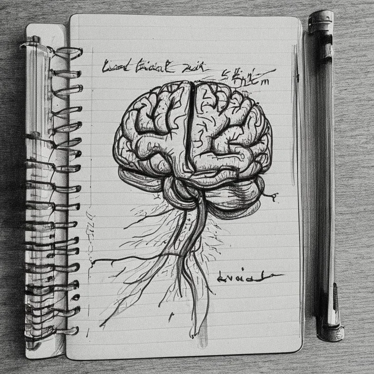 medicine notebook brain illustration, ink on paper