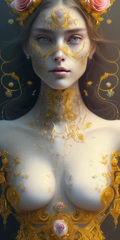 ultradetailed beautiful portrait painting of love Aphordite with short flowing brown hair and sharp piercing gaze of deep grey eyes, alluring beauty, smile lip, wearing jewels, roses, ultra ornate, gold leaf deatils, wearing white dress, by conrad roset, greg rutkowski and artgerm, trending on artstation