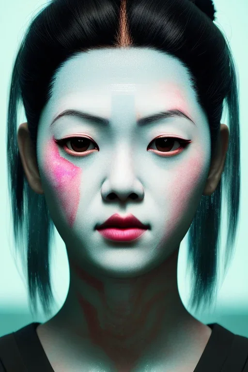 japan head portrait,geisha makeup, meditation, galaxy sky, 8k quality , portrait,beautiful ghost in the shell , post-apocalyptic in a sin city, realistic, intriacte detail, sci-fi fantasy style, volumetric lighting,24mm , particales,highly detailed,cinematic, deep purple , green eyes .