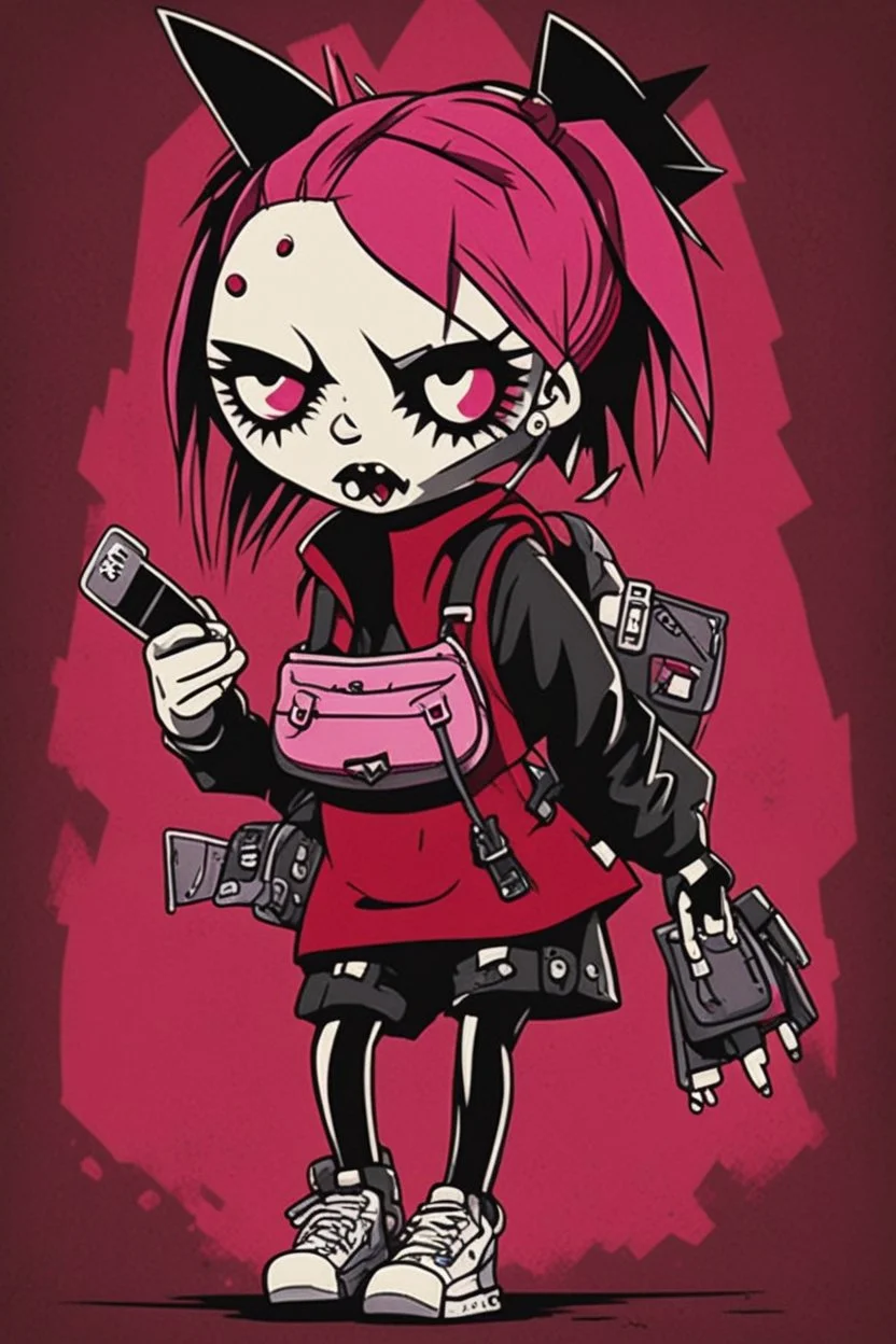 Punk girl, run pose, darkred tones, style Invader Zim,