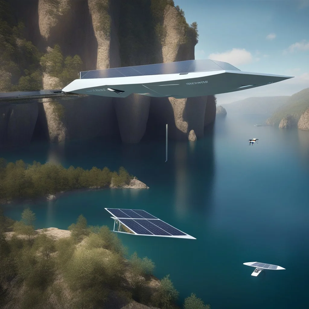 Transparent pedestrian bridge between two cliffs. It has solar panels installed. Below the bridge, autonomous underwater drones with sleek hulls and a solar panel on top retrieve trash from the lake. The drones have a hydrodynamic shape, are equipped with a robotic arm and camera to store plastic waste. The design is modern and innovative and reflects futuristic technologies for environmental protection.