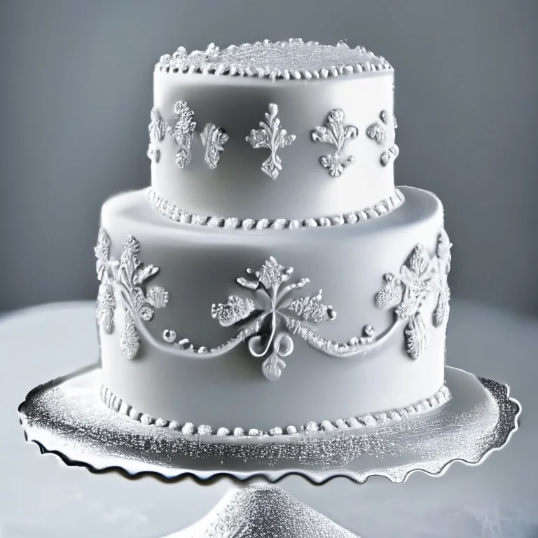 A picture of a simple white cake with silver decoration