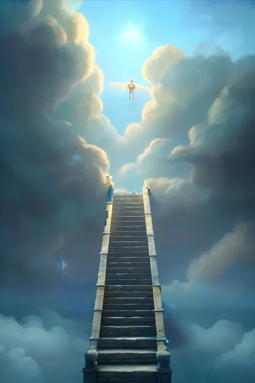 stairway to heaven made of light, sky full of clouds, art by greg rutkowski and peter mohrbacher, featured in artstation, octane render, cinematic, elegant, intricate, ultra detailed, rule of thirds, professional lighting, unreal