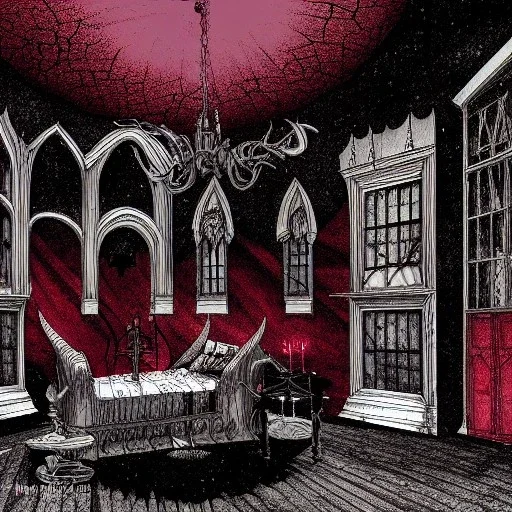 Vampire lair,gothic room, blood,Horror,room interior design illustration by mick ricereto, detailed, interior croquis color illustration, digital illustration