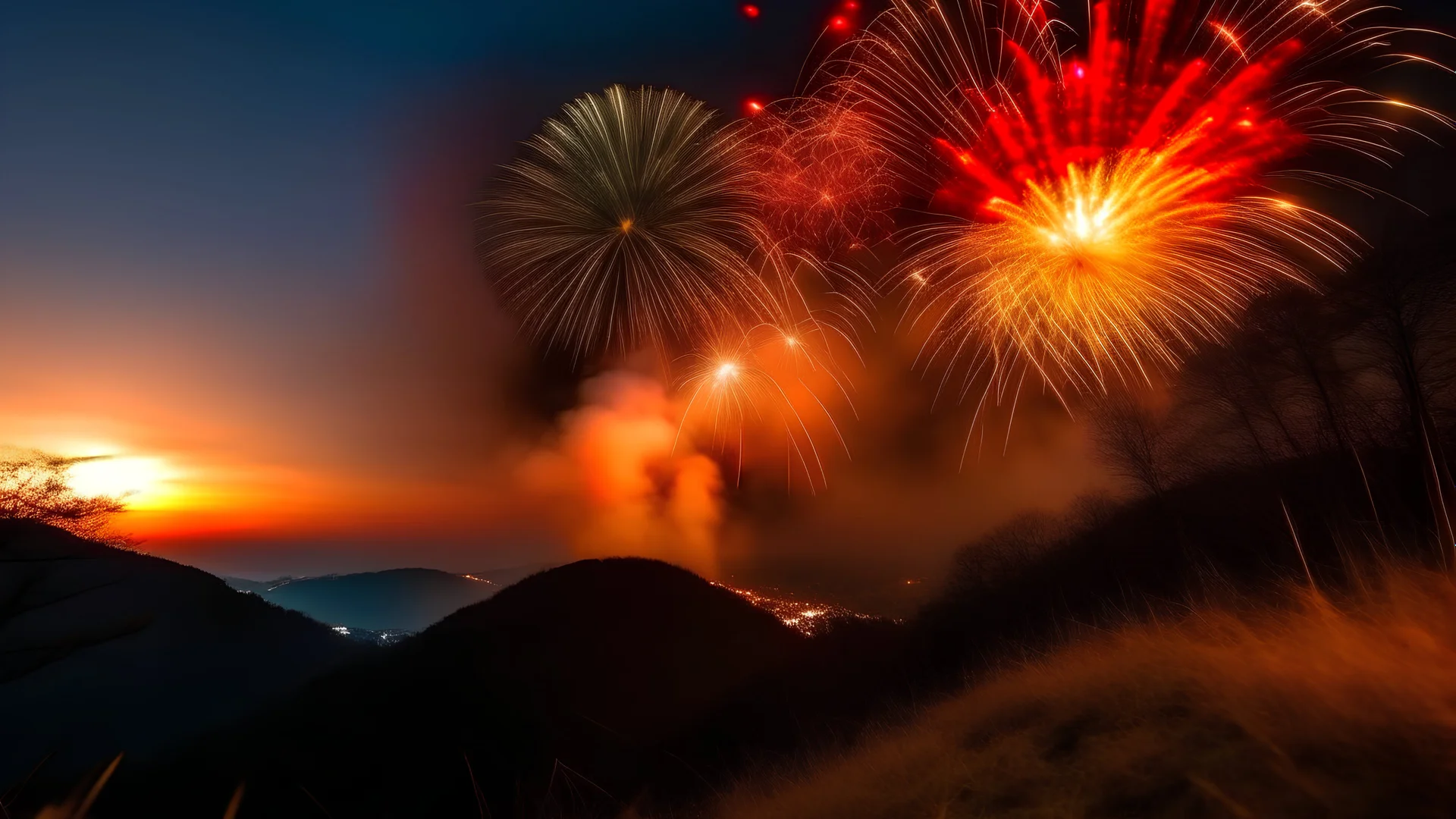 Celebrating the new year firecrackers in the beautiful sky above mountain