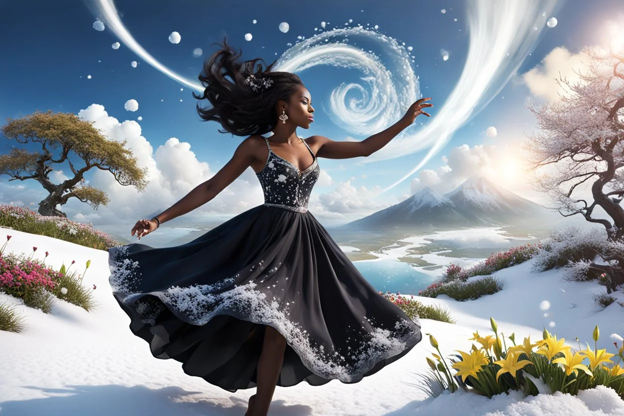 The camera zooms in, focusing sharply on very beautiful black godus girl with make up Lily wearing pretty dress as she dances gracefully in the same romantic environment with flowers and sky with nice clouds. Her joy and youth are presented against the backdrop of the surreal surroundings.a snow covered tree sitting on top of a snow covered slope, detailed swirling water tornado, national geographic footage, inspired by Sim Sa-jeong, by Huang Tingjian, still from a 2015 pixar movie, infrared ca