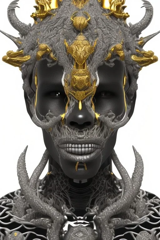 black male African alien, cracks in the voodoo head, wicked, diamond eyes, crown, blood, 8k, finely detailed, photo realistic, leopard style turquoise skull head gold dragon space alien rain skeleton gold teeth silver crown silver space suit spaceships