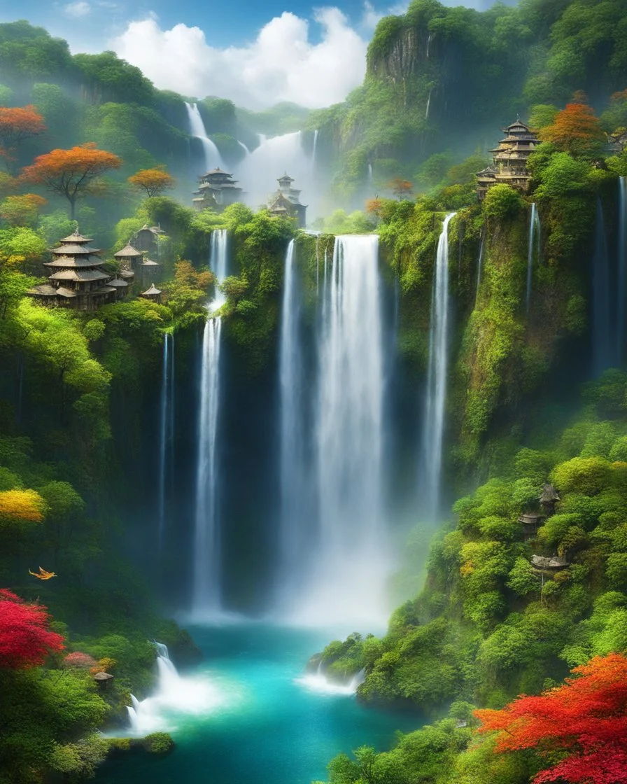 Digital Photography Art Multiple wonderland waterfalls in wonderful flying islands, there are sorrounded birds fly in vibrant colors