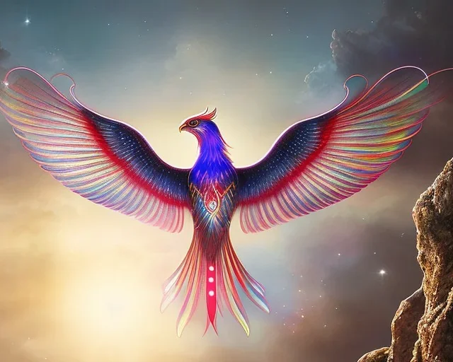 a detailed illustration of a phoenix with shiny red wings and long glowing sparkly body, luminescent body, glinting spread wings, realistic, soft and smooth glowing wings, soft feathers, macro lens, sharp focus, meticulously detailed, soft studio lighting, smooth blurred gradient background, 64k