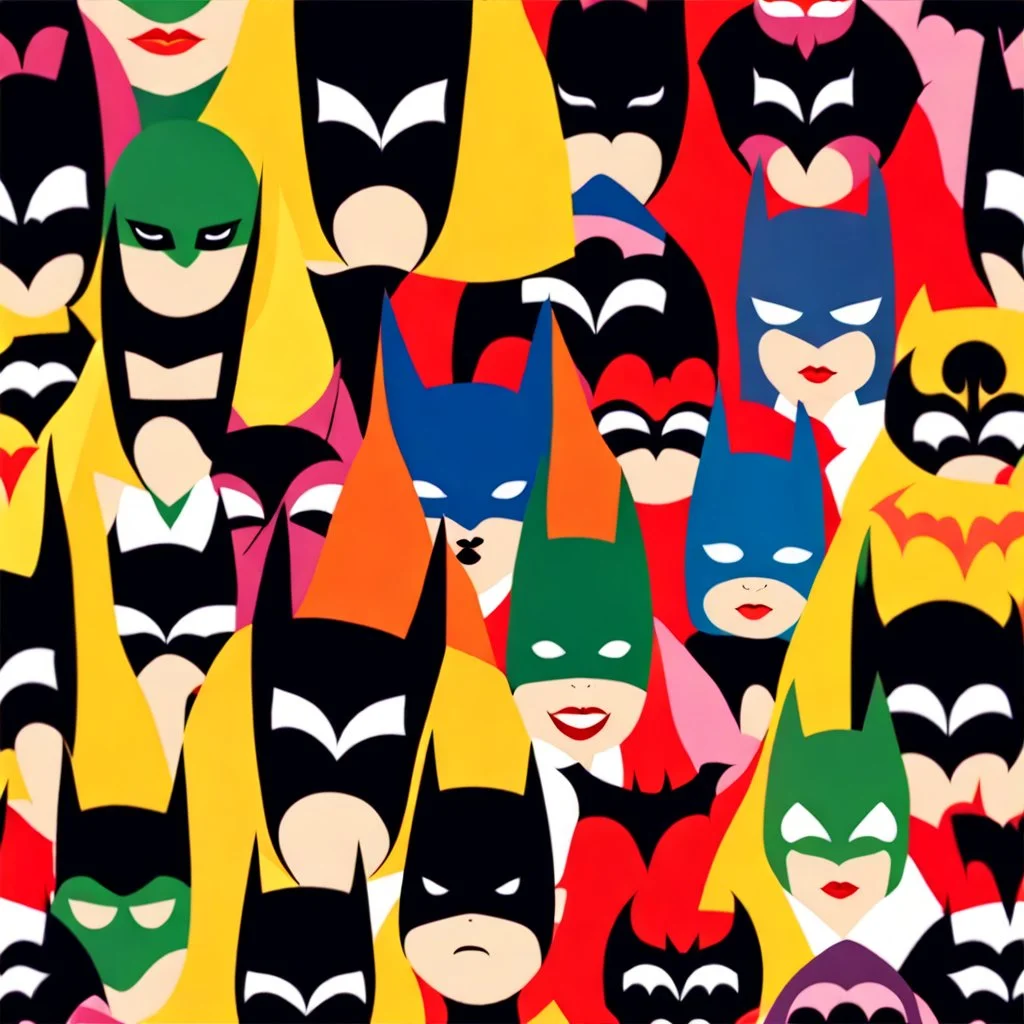 An illustration of multicolored [batmans] gathered around, in the style of margaret keane, pattern designs, tim holtz, flickr, lowell herrero, intense expressions, close - up intensity