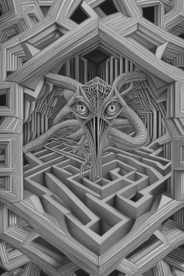 hexagon chrome labyrinth featuring illithid in the style of escher, 8k, trending art