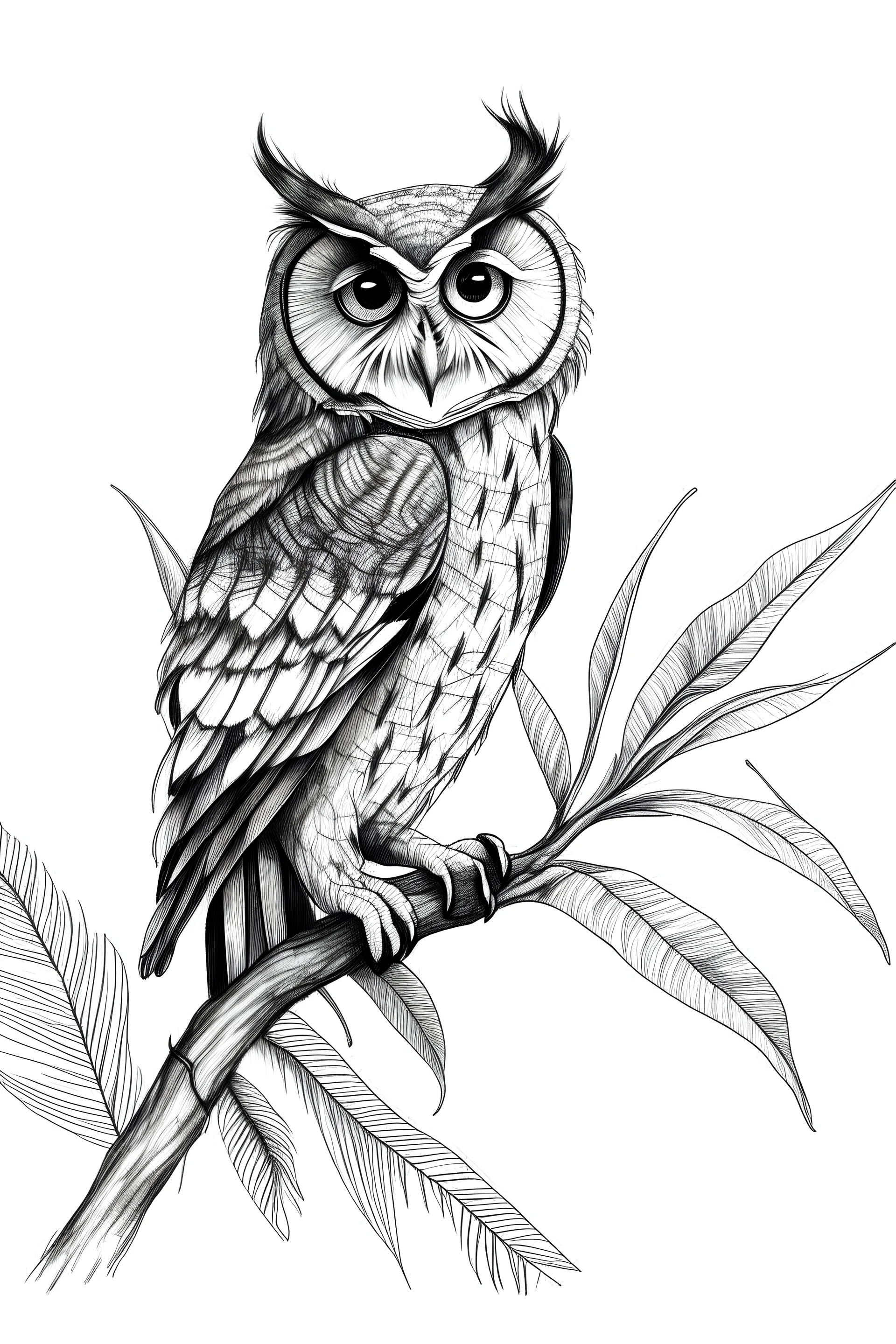 black and white sketch of an owl perched on a palm branch