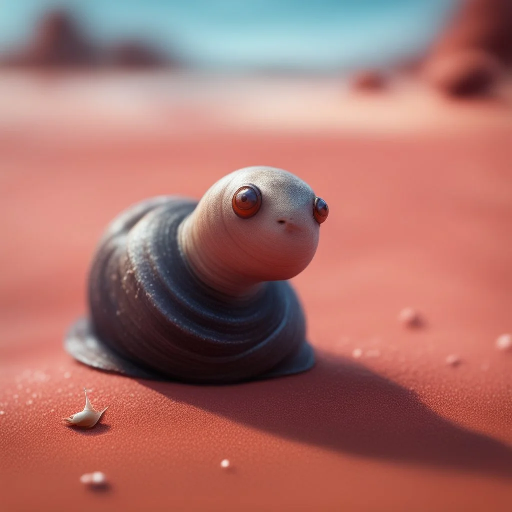 elongated female ninja snail witch on the red sand beach ,bokeh like f/0.8, tilt-shift lens 8k, high detail, smooth render, down-light, unreal engine