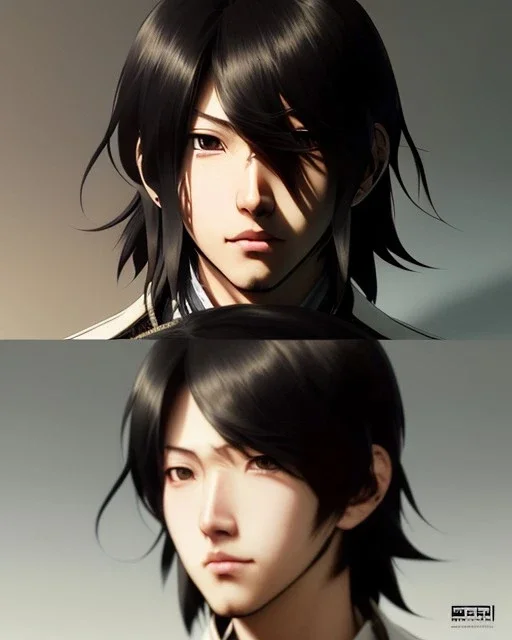 Detailed sad male anime boy with long brown hair, intricate details, full body portrait, keep head in frame, slight, black Japanese motif, concept art, highly detailed, digital painting, concept art, sharp focus, illustration, art by Yoji Shinkawa, WLOP and greg rutkowski and alphonse mucha and artgerm and yanjun Chen and Junji ito and Makoto Shinkai, HDR, octane render