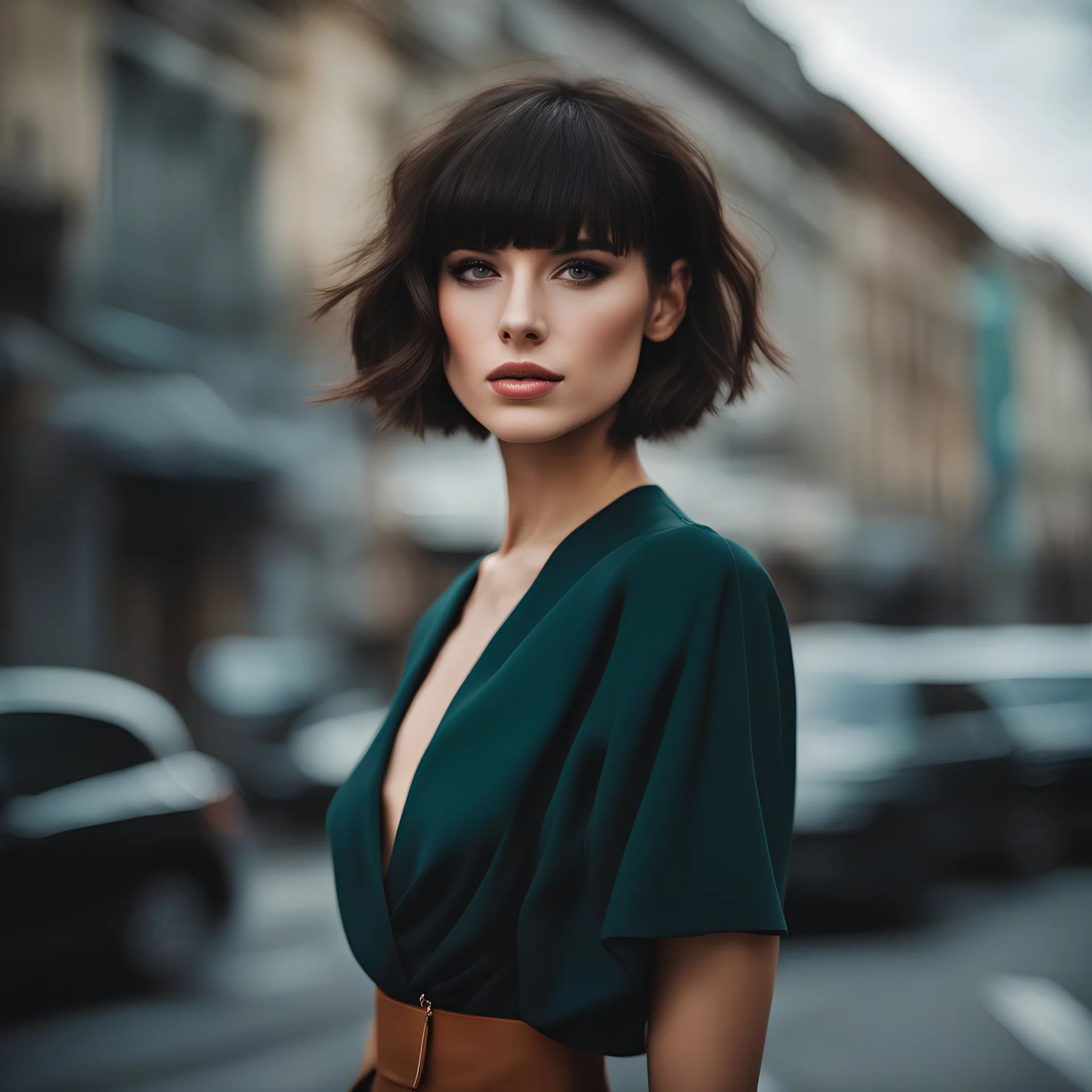 beautiful young woman with dark short hair, with a stylish babette hairstyle, with bangs over her eyes, against the background of the street, strong wind, stylish photo, fashion photo