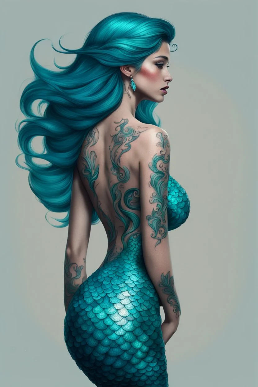 old mermaid, shimmering turquoise tail, tattoo, high resolution, Artstation trends, fine details, 8K