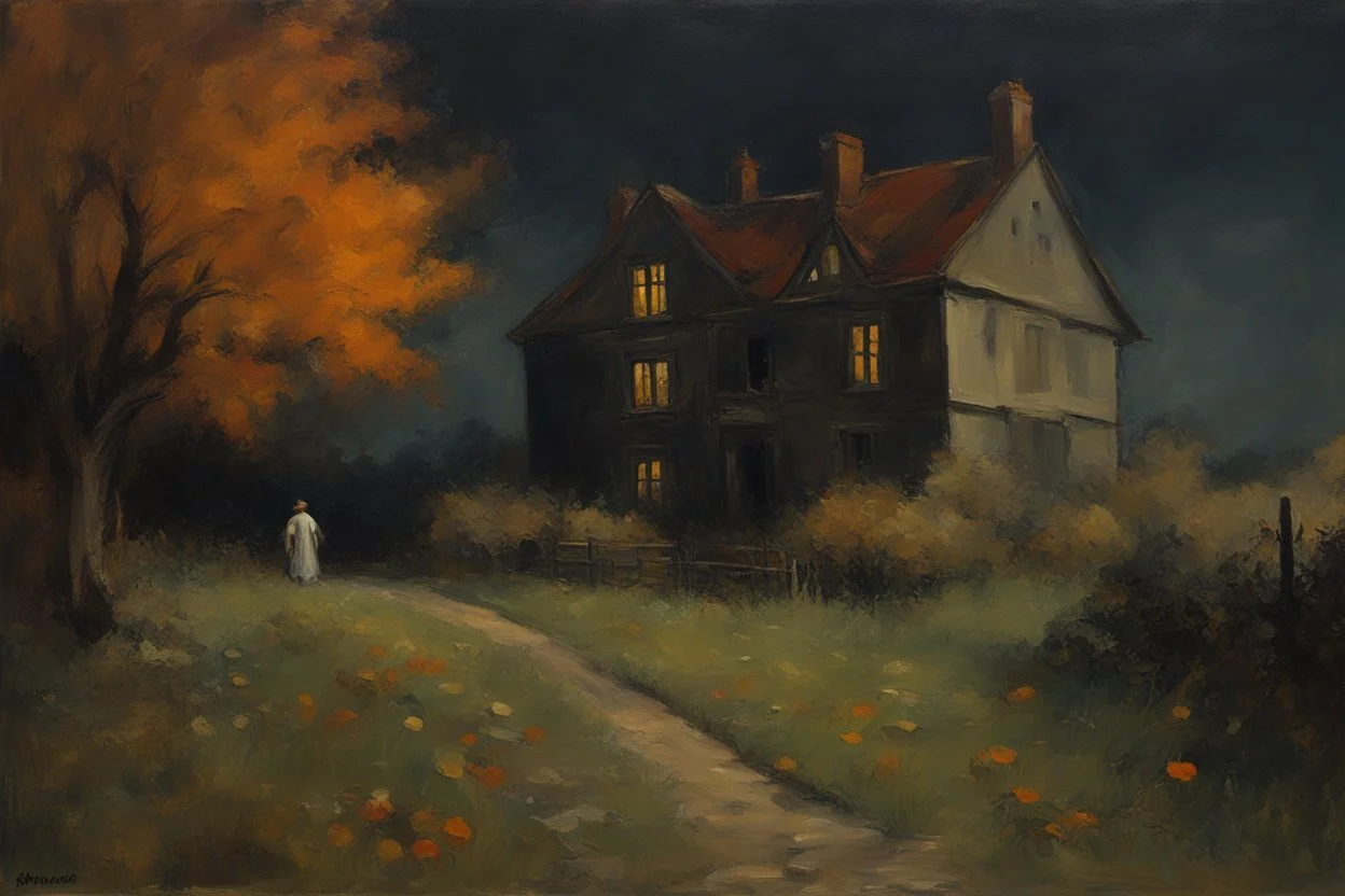 few flowers, distant old house, night, autumn, one person, dark horror gothic movies influence, disturbing, bernard van beek and alfred munnings impressionism paintings