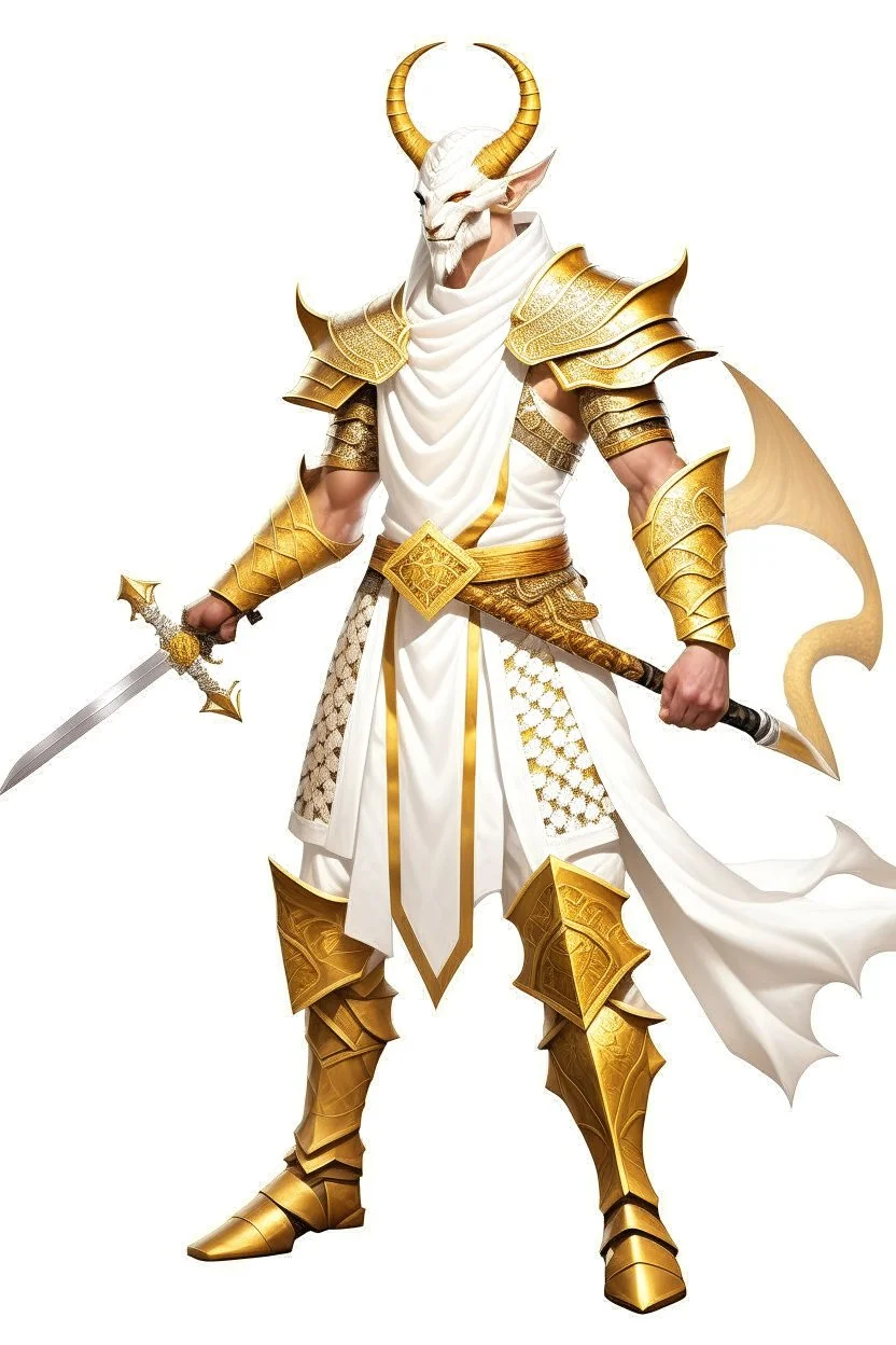 Full Body, Male White Dragonborn, Monk, Holy Knight, boxer pose, White and Gold outfit colour theme