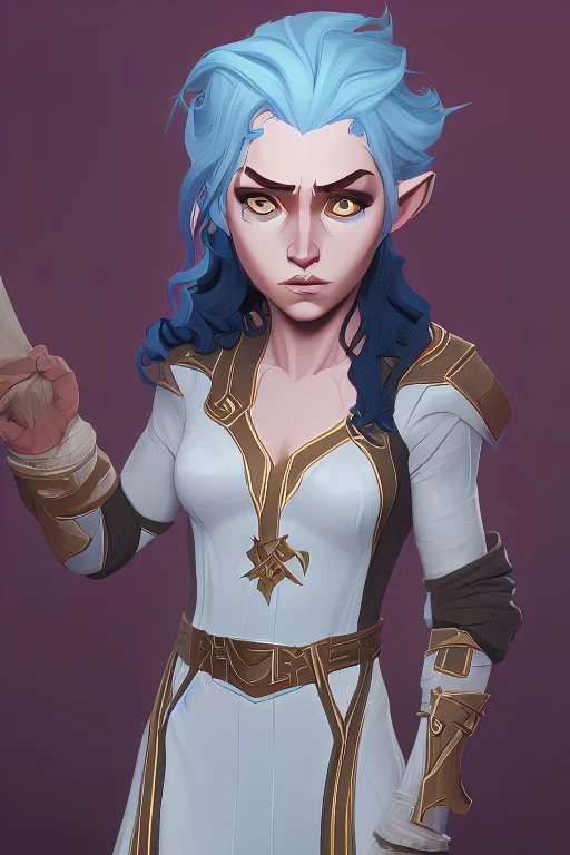 Female elf twilight cleric in a silver robe with blue curly hair and golden eyes